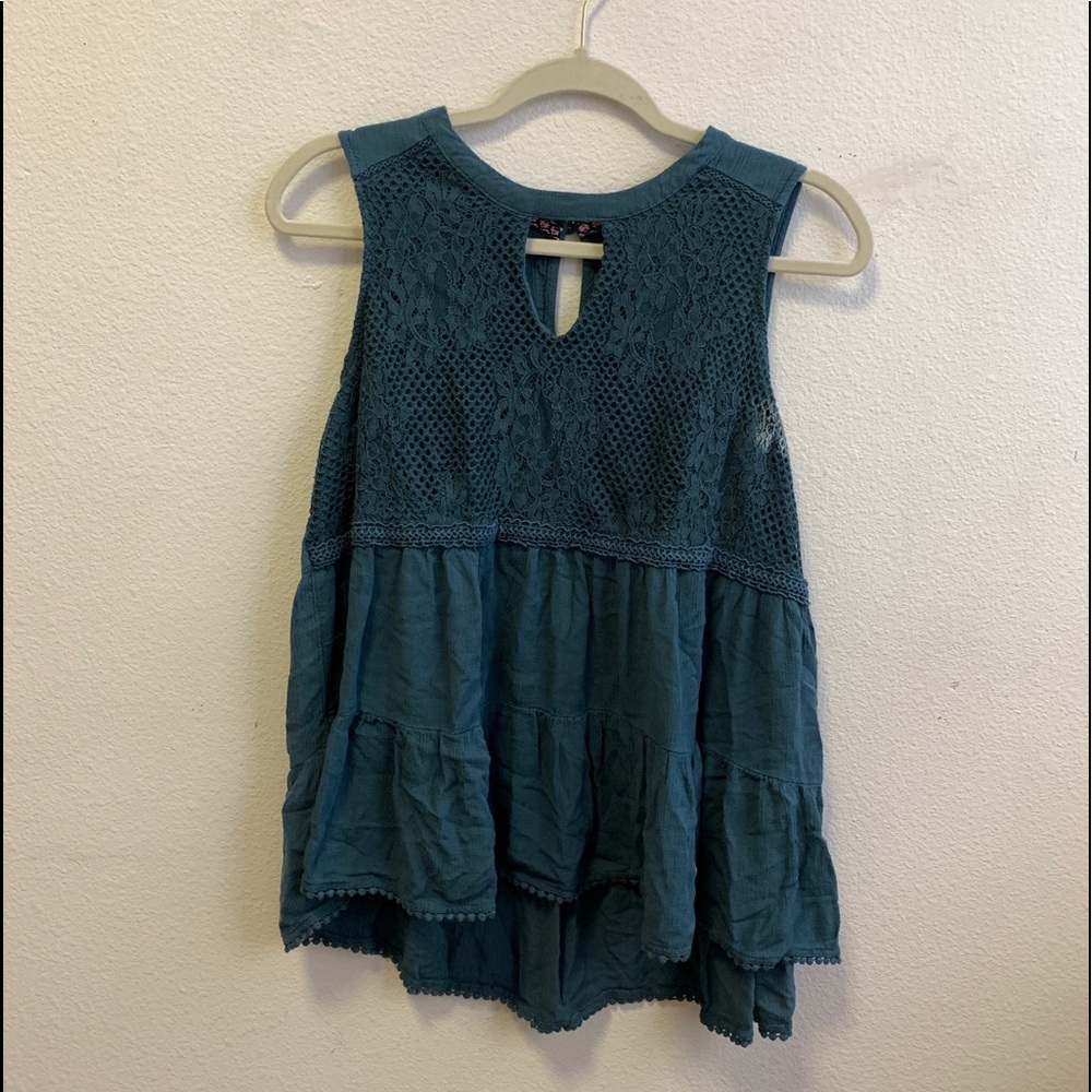Knox Rose XL Cadet Blue Sleeveless Long Blouse w/Lace Pattern